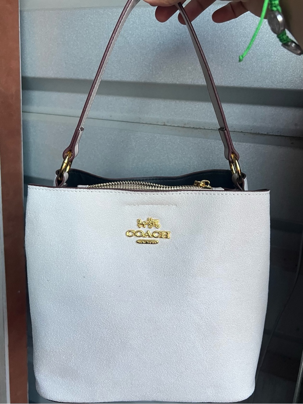Coach White Leather Shoulder Bag with Cream color Handles and Gold Logo